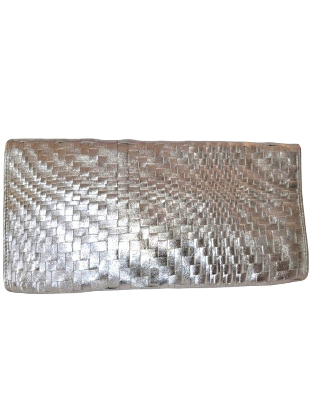Cole Haan "Genevieve" Silver Metallic Woven Leather Clutch 11" x 5" Like New